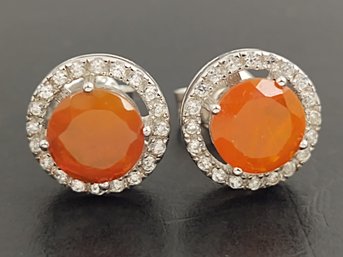 BEAUTIFUL STERLING SILVER ORANGE OPAL & WHITE TOPAZ EARRINGS