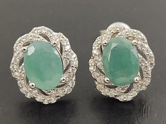 BEAUTIFUL STERLING SILVER EMERALD & WHITE TOPAZ EARRINGS