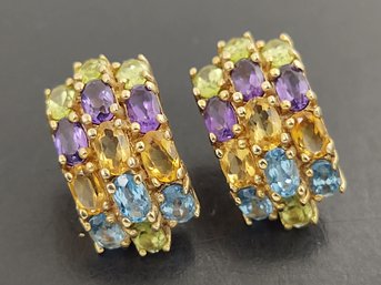 BEAUTIFUL GOLD OVER STERLING SILVER MULTI COLORED GEMSTONE EARRINGS