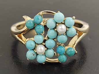 STUNNING GOLD OVER STERLING SILVER SEED PEARL & TURQUOISE FLOWER RING