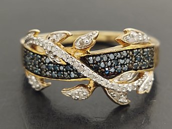 BEAUTIFUL GOLD OVER STERLING SILVER BLUE & WHITE DIAMONDS VINE LEAF RING