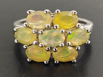 STUNNING STERLING SILVER FACETED ETHIOPIAN FIRE OPAL CLUSTER RING