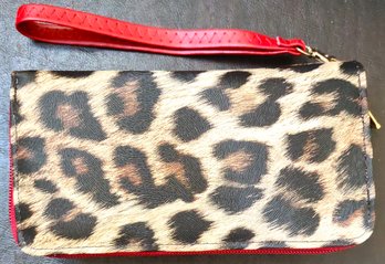 BRAND NEW - DOUBLE ZIPPER RED TRIM LEOPARD WALLET - MATCHES RED LEOPARD BAG # 1