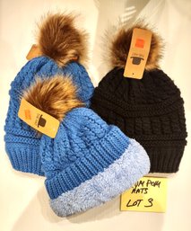 WHOLSALERS CLOSEOUT - BRAND NEW LOT OF 3 SHERPA LINED POMPOM HATS -  $60.00 RETAIL - LOT # 3