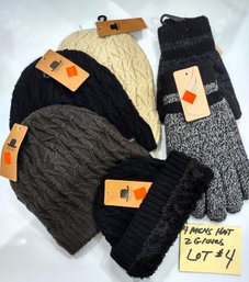 WHOLSALERS CLOSEOUT - BRAND NEW LOT OF 4 BEANIE SKULL CAPS AND 2 THICK MENS GLOVES -  $120.00 RETAIL - LOT # 4