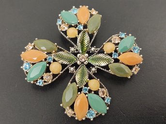 VINTAGE RHINESTONE ENAMEL LEAF CROSS BROOCH