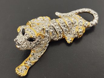 VINTAGE SILVER & GOLD TONE TIGER BROOCH WITH JEWELED EYES