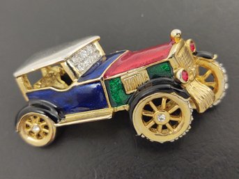 VINTAGE RHINESTONE & ENAMEL ANTIQUE CAR BROOCH