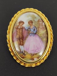 VINTAGE LIMOGES FRENCH PAINTED PORCELAIN BROOCH