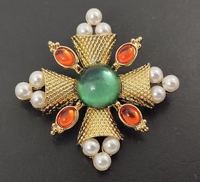 VINTAGE FAUX PEARL & CABOCHON CROSS BROOCH