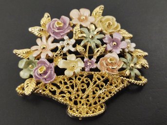 VINTAGE ENAMEL FLOWER BASKET BROOCH