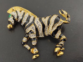 VINTAGE RHINESTONE & ENAMEL ZEBRA BROOCH WITH JEWELED EYES