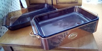 2 Anchor Hocking Amber Colored Ovenware & Microwave Safe Dishes & Chez Gourmond Copper Serving Base