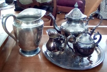 Silver Plate Water Pitcher, Coffee Pot, Sugar, Creamer & Platter Includes Poole, Concord, Rogers & Bros.