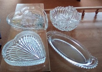 4 Piece Lot With Cut & Pressed Glass Selections For Serving