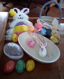 Easter Decor - 3 Alabaster Eggs, Lidded Pressed Glass Egg, Bunny, Faux Eggs & Ceramic Baskets Bowl