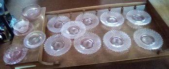 16 Piece Pink Depression Glass - 9 Salad/dessert Plates, 3 Small Bread & Butter & 3 Bowls