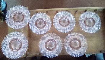 7 Pretty Vintage Pink Depression Glass Dinner Plates With Diamond Pattern