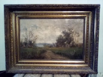 Signed Antique Oil On Canvas Painting Of Landscape In Highly Decorative Wood & Metal Gold Colored Frame