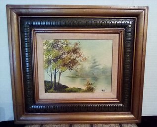 Decorative  Carved Framed Oil On Canvas Of Lake With Forest Signed By  Redo