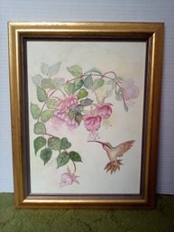 Hand Painted Signed Water Color On Board In Gold Colored Wood Frame Depicts Hummingbird At Flowers