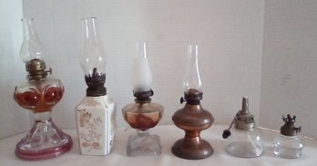 6 Petite Vintage Oil Or Kerosene Lamps - 4 With Glass Chimneys & Each Has Unique Design