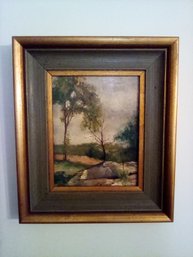 Vintage Oil On Board In Decorative Wood Frame With Green & Gold Colored Stain