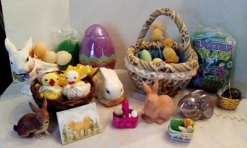 Easter Decor Lot - Fabric Basket, Wood Eggs, Ceramic Lidded Jar, Various Bunnies & More