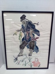 Asian Inspired Framed Image Of Man Farming - Appears To Be Printed On Heavy Cotton Paper BS/WAB