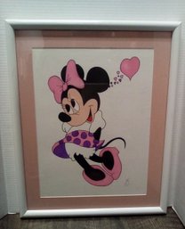 Original Metal Framed Art Representing Minnie Mouse & Signed Initials By Artist '91 RC/WAB