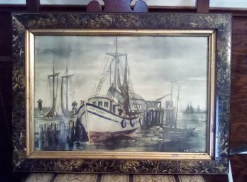 Nautical Print Showing Artist Name, A. Maloway 1949 With Decorative Carved Front Wood Frame