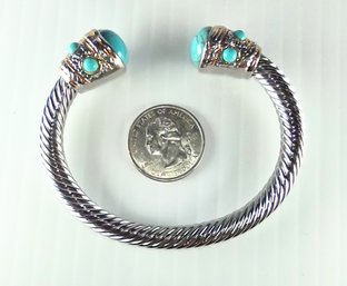 HIGH QUALITY RHODIUM PLATED CUFF BANGLE WITH TURQUOISE ACCENT - NEW - TARNISH RESISTANT & HYPOALLERGENIC LOT D