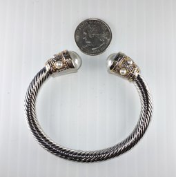 HIGH QUALITY RHODIUM PLATED CUFF BANGLE WITH FAUX PEARL ACCENT - NEW TARNISH RESISTANT & HYPOALLERGENIC LOT F