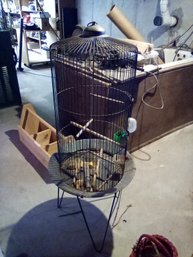 Vintage Metal Bird Cage With Accessories On Stand