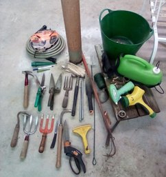 Garden Lot With Hand Tools, Power Care Flexible Ext. Hose, Poly Bucket, Sprayers, String, Markers, Funnels