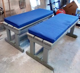 Pair Of Sturdy Painted Benches With 'Pillow Perfect' Blue Cushions