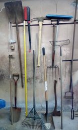 15 Useful Yard Tools - Pickaxe, Shovels, Rake, Pitchfork, Iron Rake, Hoe, Sno Brum Broom, Iron Bar & More