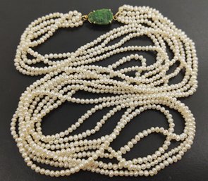 STUNNING ANTIQUE CHINESE 14K GOLD JADE MULTI STRAND SEED PEARL NECKLACE