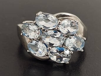 STUNNING STERLING SILVER AQUAMARINE CLUSTER RING