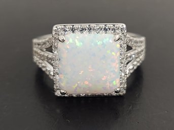STERLING SILVER SYNTHETIC OPAL & CZ RING