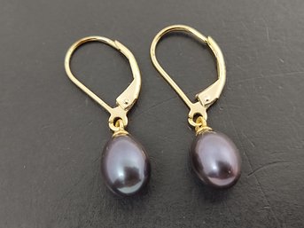 BEAUTIFUL GOLD OVER STERLING SILVER GREY PEARL EARRINGS