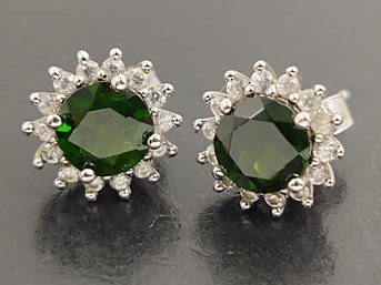 STUNNING STERLING SILVER CHROME DIOPSIDE & WHITE TOPAZ HALO STUD EARRINGS