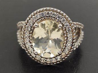 BEAUTIFUL STERLING SILVER YELLOW CZ & WHITE TOPAZ HALO RING