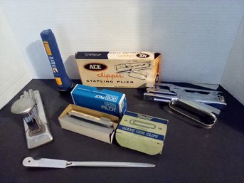 Office Supplies Lot - Ace Clipper Stapling Plier, Ace Desk Stapler & Staples, Flashlight, Gian Gem Paperclips