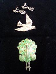 Sterling Silver Earrings, Sterling Bird With Sparkling Facets  & Enamel On Silverplate Moving Peacock Jewelry