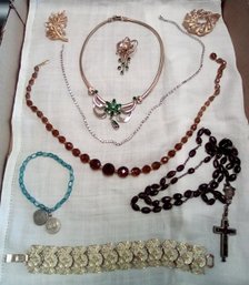 Lovely Vintagejewelry - Bracelets, Coro & Other Necklaces, 2 Trifari & Another Pin & Rosary Beads - 9 Item Lot