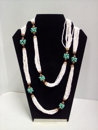 Eye Catching Long Multistrand Glass Beaded Necklace With Gold Tone Accents