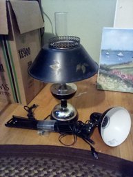 Vintage Lamp With Hand-painted Metal Shade Over Glass Chimney & Folding Lamp