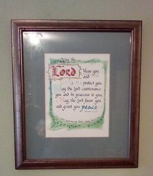 Beautiful Wood Framed Scriptural Calligraphy & Watercolor Dedicated Blessing  Signed Sr. Sylvia Bielen