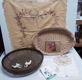 Baskets, Embroidered Cloth, Shell Trivet, 2 Napkins, Porcelain Cherub Napkin Holders  BS/CVBKB